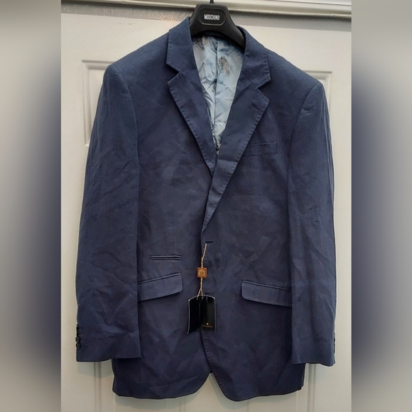 WILLIAM HUNT MEN'S LINEN-COTTON NAVY HERRINGBONE 2-BUTTON BLAZER SIZE 44 NWT - Picture 1 of 10